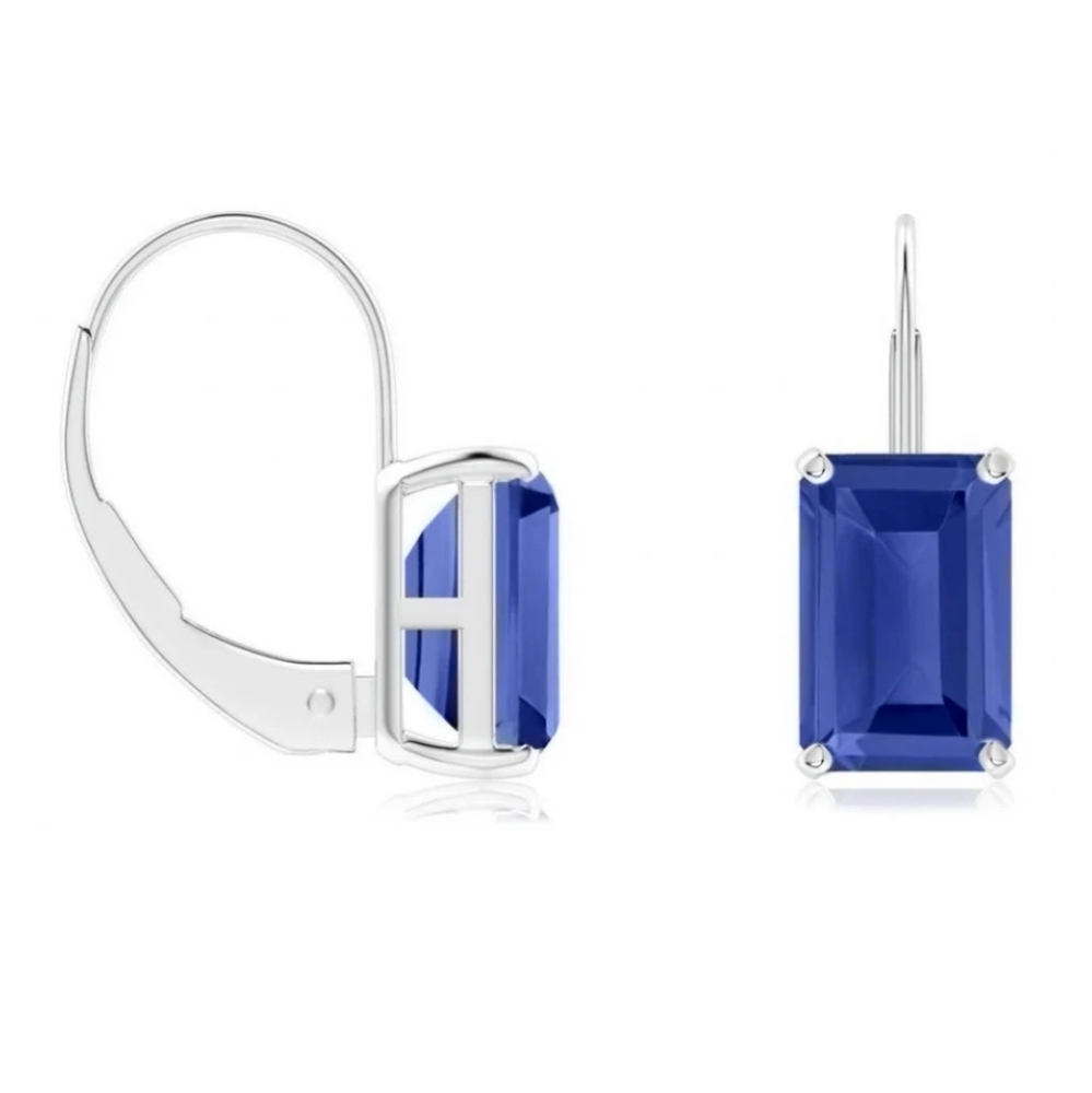 925 Sterling Silver Emerald Cut Lab Created Blue Sapphire Earrings